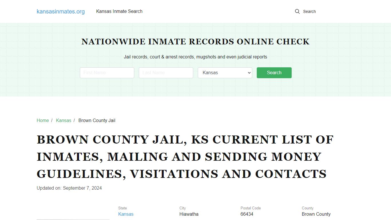 Brown County Jail, KS: Offender Locator, Visitation & Contact Info